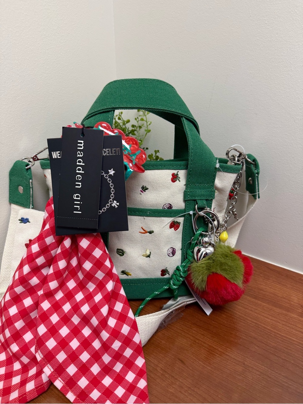 Madden Girl Green and Cream Embroidered Tote with Red Gingham Scarf - Picture 2 of 9